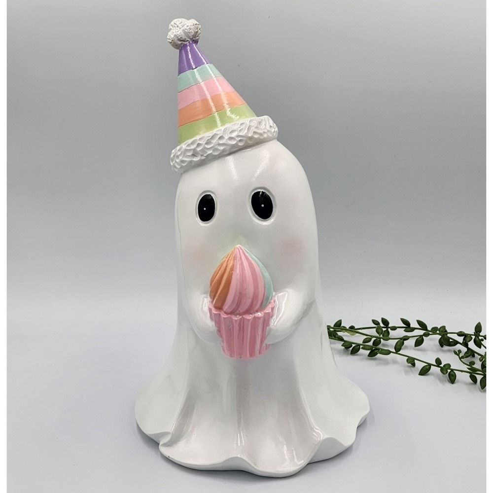 Ghost Holding Pastel Cupcake Figurine Party Hat Summerween Halloween 12.5" Resin